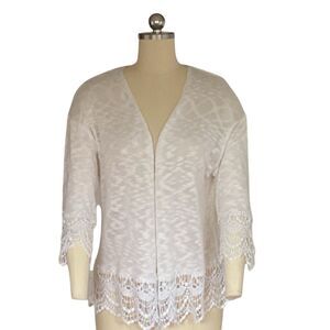 Kim Rogers Women's XL White Lace Trim Cardigan 3/4 Sleeve Sweater